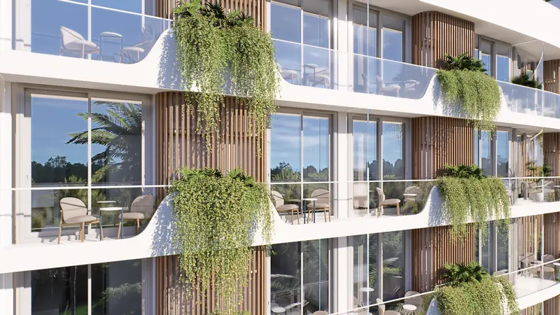Millennium balconies with mini gardens and timber louvres