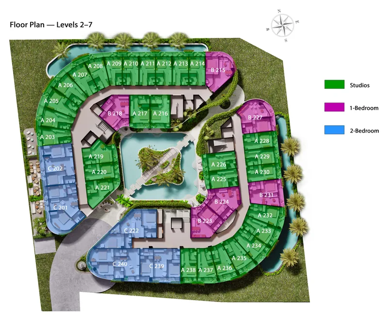 Millennium typical floor 2–7 plan: studios, 1 and 2 bedrooms