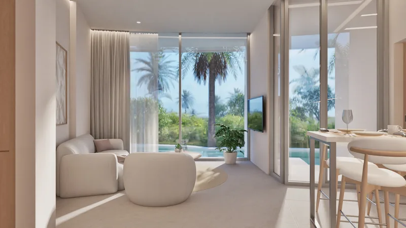 Pool-access apartment at Millennium: living room facing the water